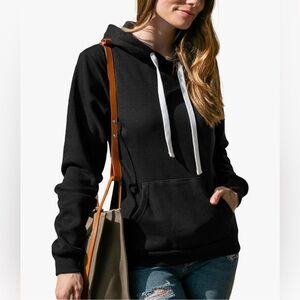 Doublju Black Pullover Hoodie with White Drawstrings and Relaxed Fit